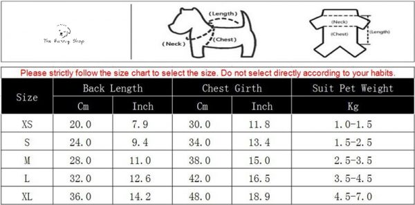 small dog shirts size table